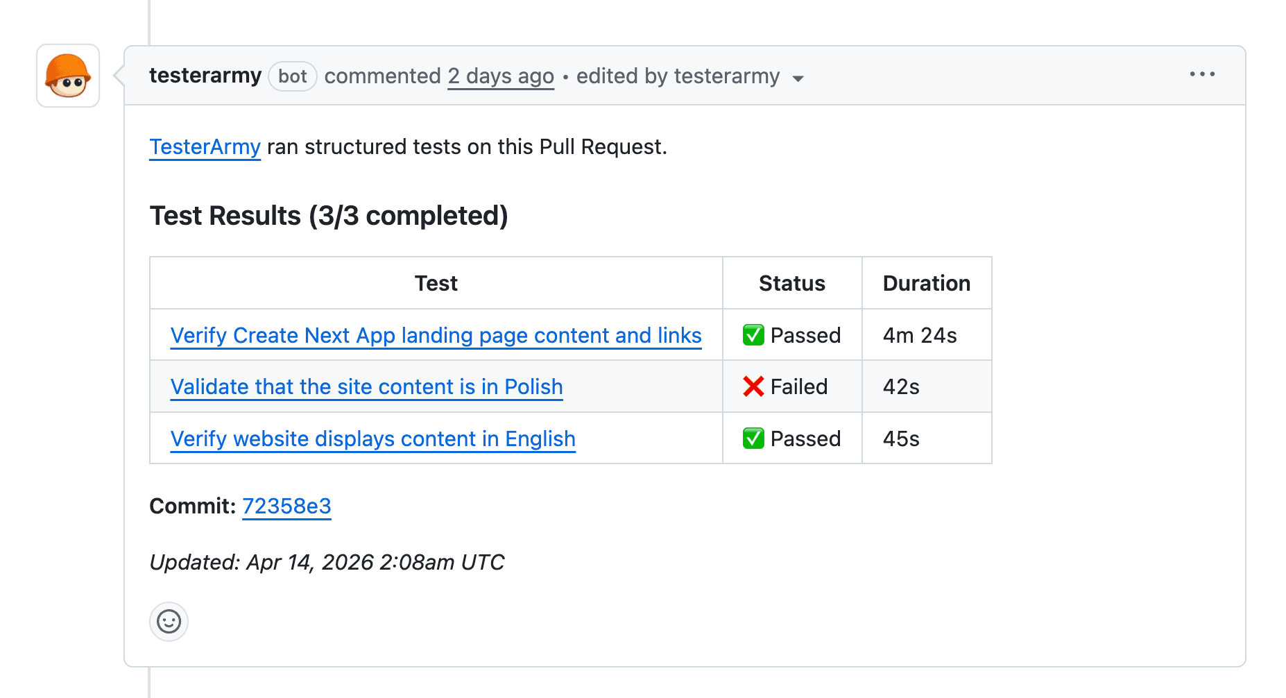 PR test results comment